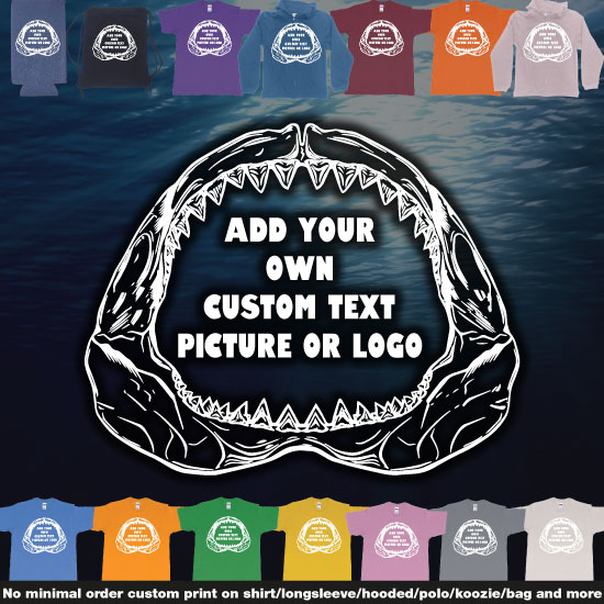 Custom tshirt design Great White Shark Jaws Bones Add Text Picture Logo Printing Bali choice your own printing text made in Bali