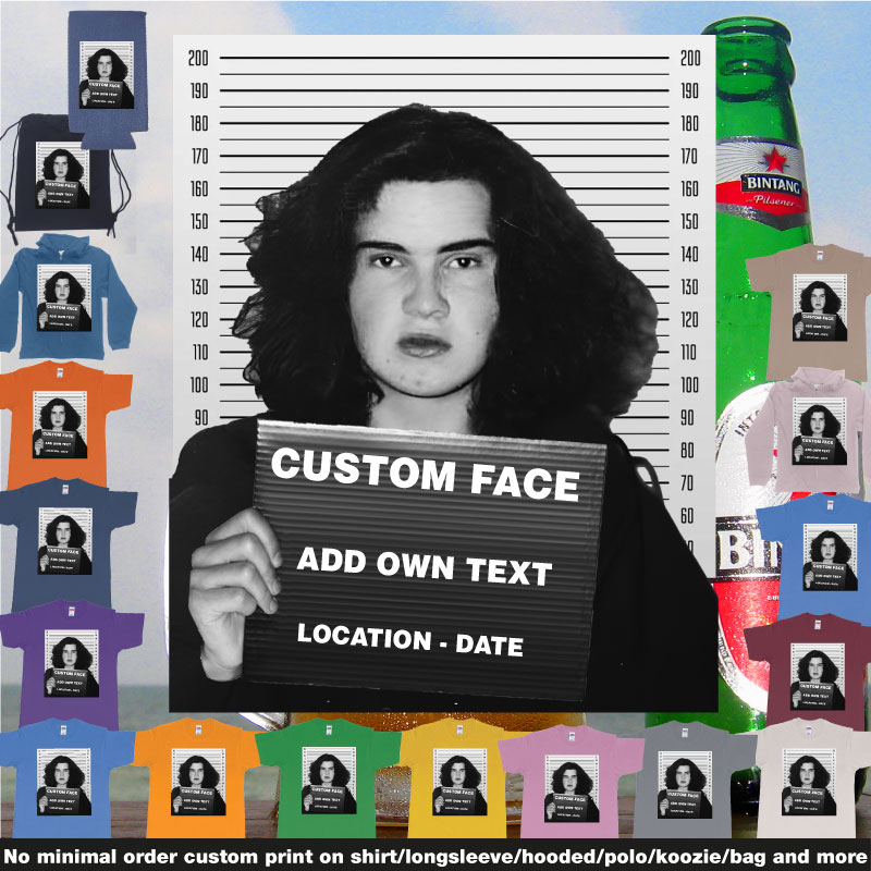 Custom tshirt design Jimmy Carr Arrested in Bali Mugshot choice your own printing text made in Bali
