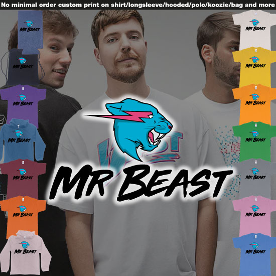 Mr Beast Logo on Demand Quality Printing in Bali Elevate your wardrobe with our exclusive Mr Beast Logo design, brought to life with our unparalleled on-demand quality printing services in Bali. Embrace the iconic Mr Beast branding and personalize i
