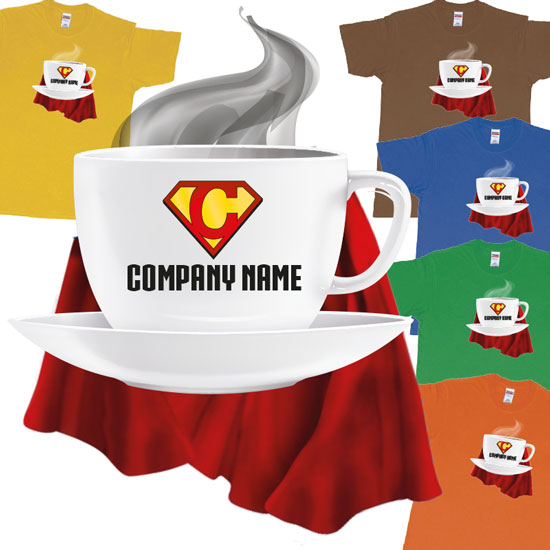 Custom tshirt design Superman Coffee Cup with a Cape Smoking Cafe Own Custom Logo choice your own printing text made in Bali