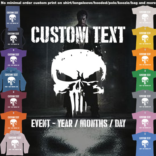 The Punisher Scull Logo Custom Text Elevate your wardrobe with our custom The Punisher Skull logo t-shirt, featuring the iconic skull emblem from the popular franchise. What sets this design apart is the ability to personalize it with y