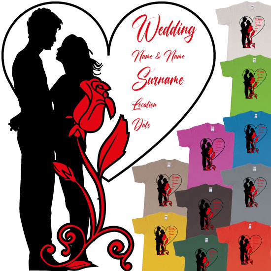 Custom tshirt design Wedding Couple Silhouette Hugging Red Rose Heart with Custom Text Teeshirt Printing Bali choice your own printing text made in Bali