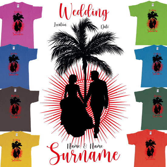 Custom tshirt design Palmtree Sunset Couple of Love   Custom Wedding T Shirt choice your own printing text made in Bali