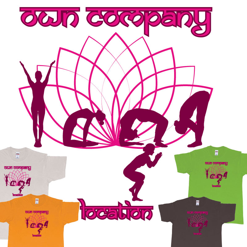 Custom tshirt design Yoga written with people in yoga positions with a outline lotus flower Own Custom Print Studio Name choice your own printing text made in Bali