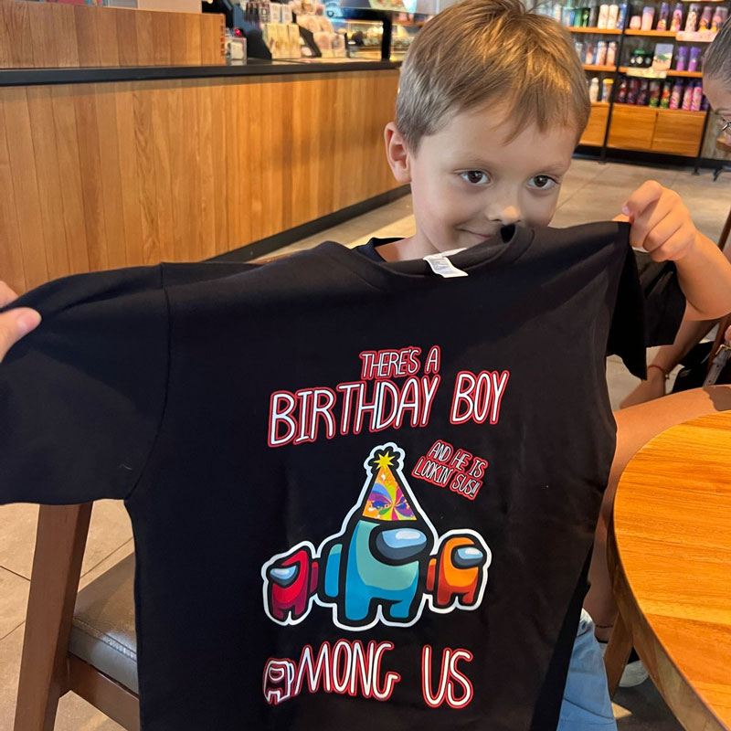 Among Us Birthday Boy Impostor Trust No One Custom Text Print Tshirt 02 Boy Holding Tshirt