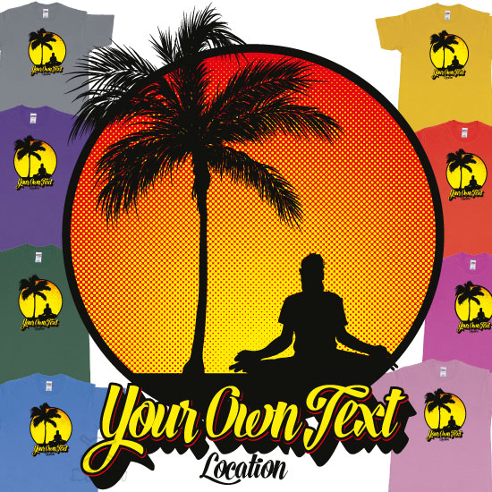 Custom tshirt design Yoga Palmtree Sunset Halftone Your own text Location Screen Printing Bali choice your own printing text made in Bali